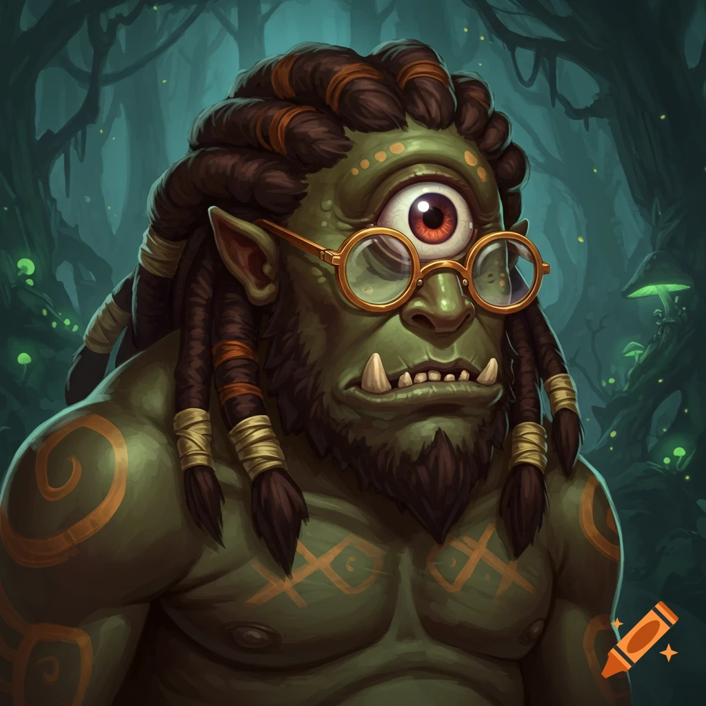 A green cyclops monster with dreadlocks and glasses in a forest.