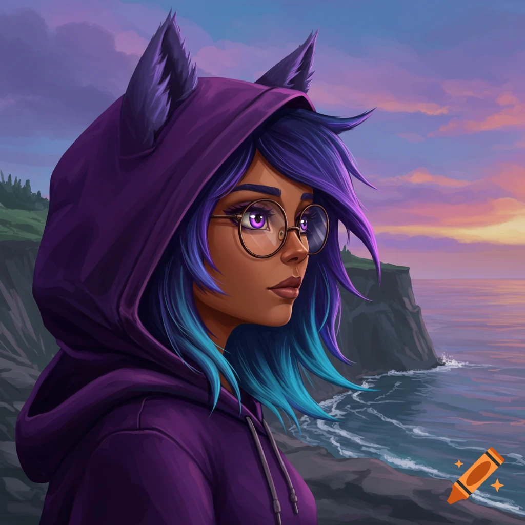 Illustration of a girl with purple-blue hair, glasses, and wolf ears on her hoodie, watching the sunset over a cliff.
