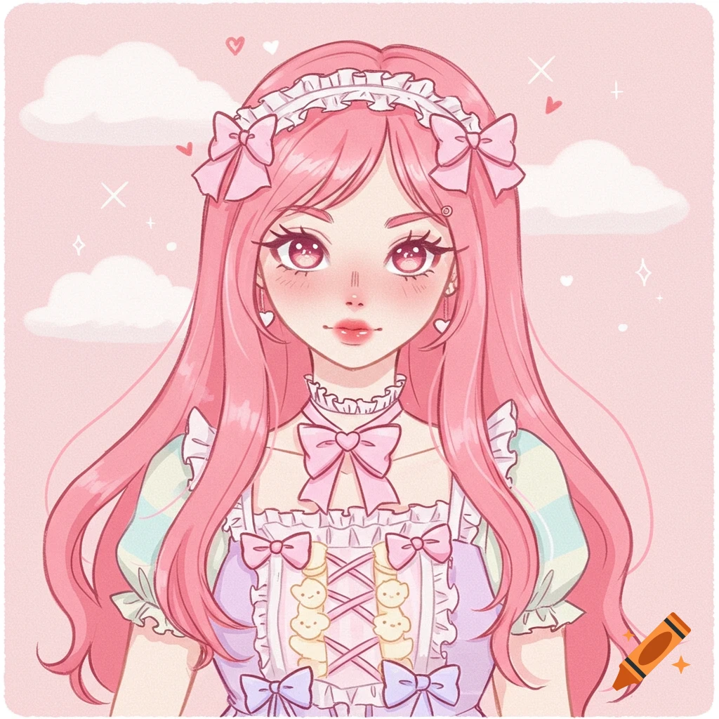 Cute anime girl with pink hair in a frilly pastel dress against a pink sky.