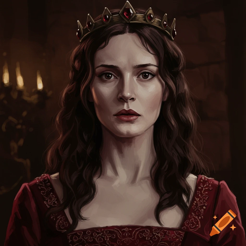 Portrait of a woman with a gold and ruby crown and red dress.