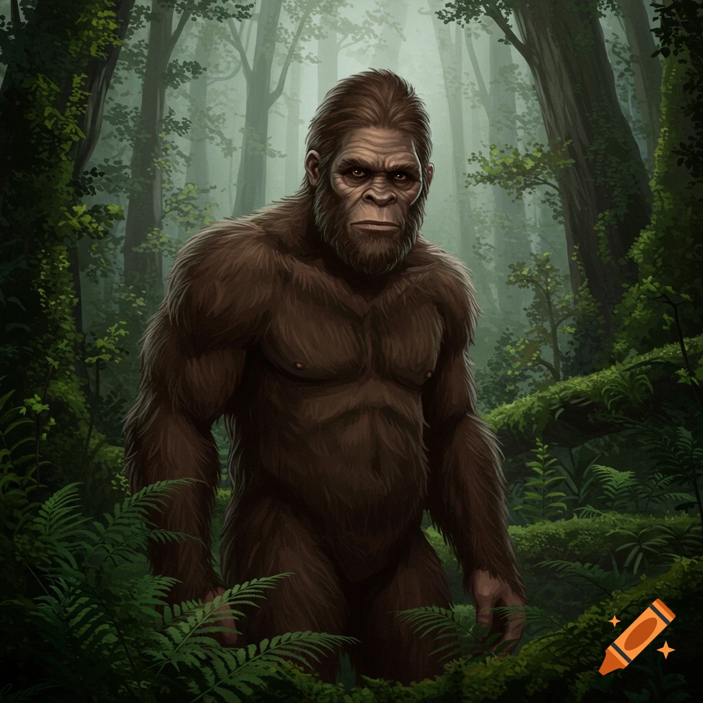 Bigfoot standing in a misty forest.