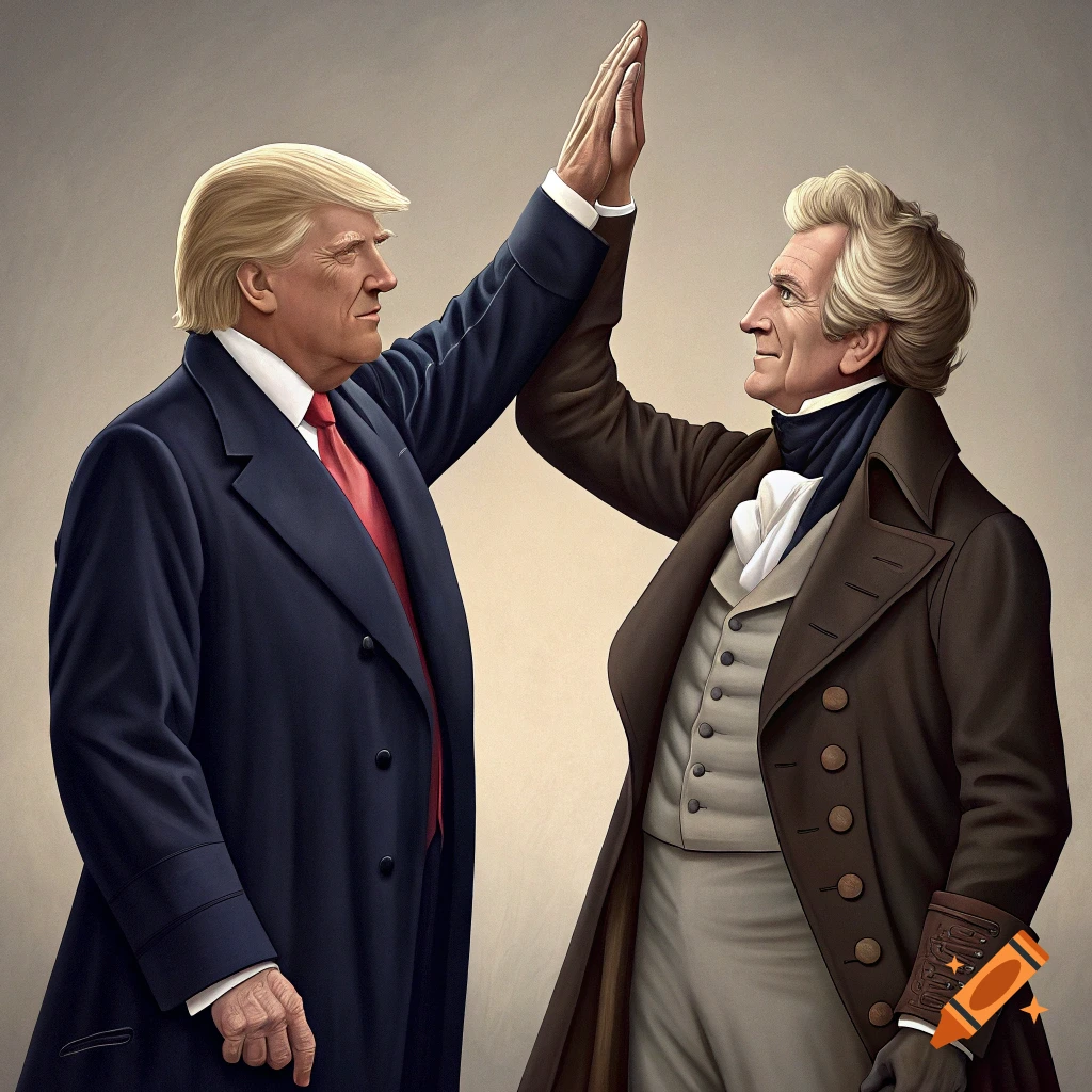 Donald Trump and Andrew Jackson high-fiving in a stylized portrait.