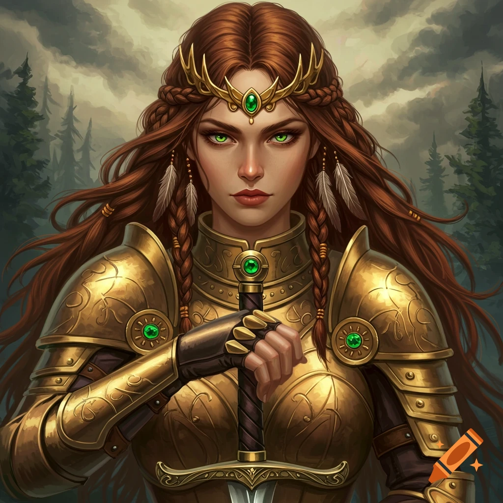 A portrait of a warrior queen in golden armor holding a sword, with long brown hair and green eyes.