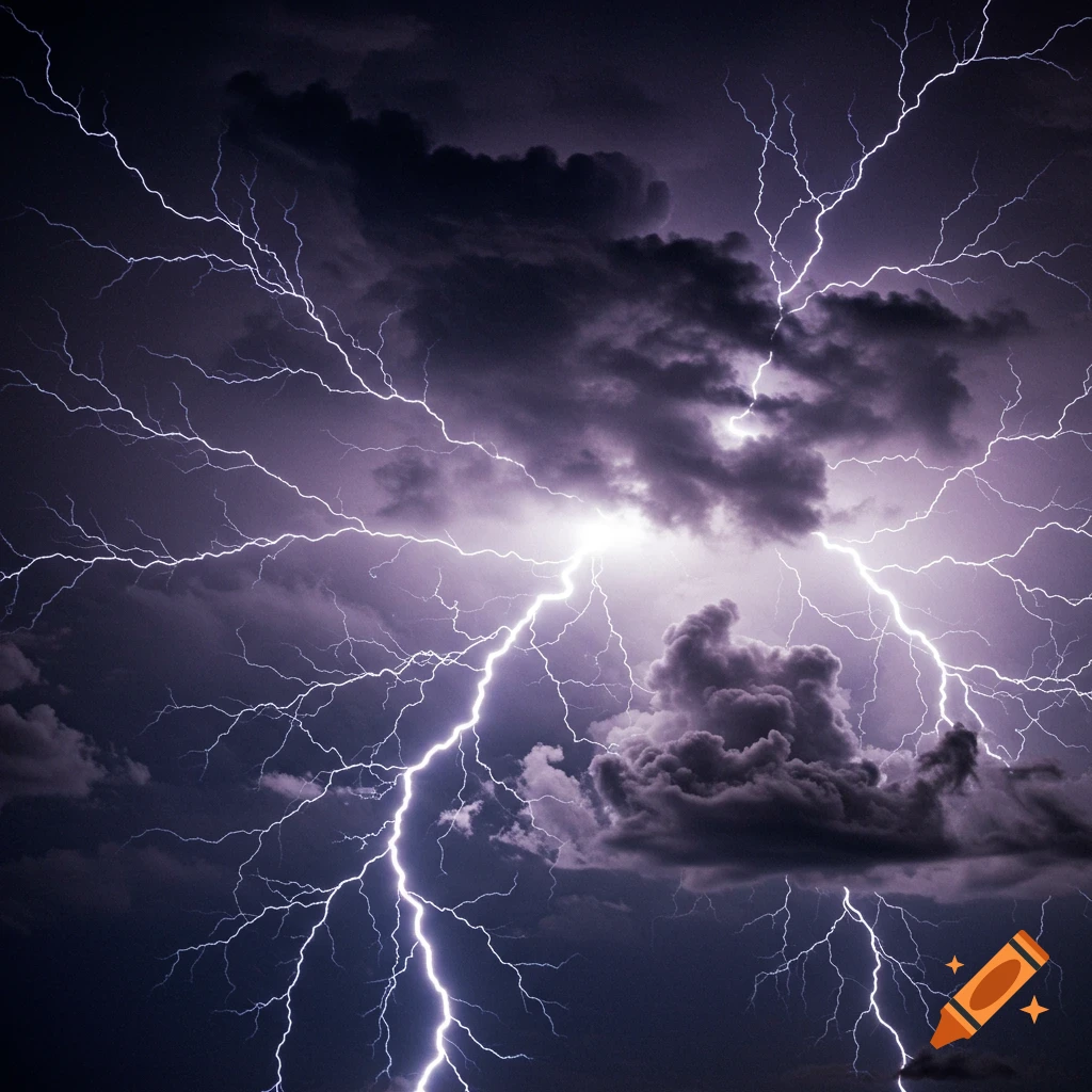 White lightning flashes across dark storm clouds.