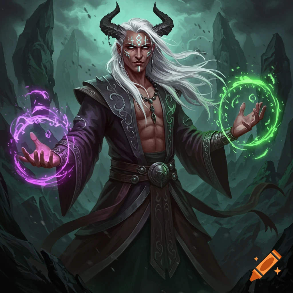 A horned fantasy warlock with white hair, casting purple and green magic in a rocky landscape.
