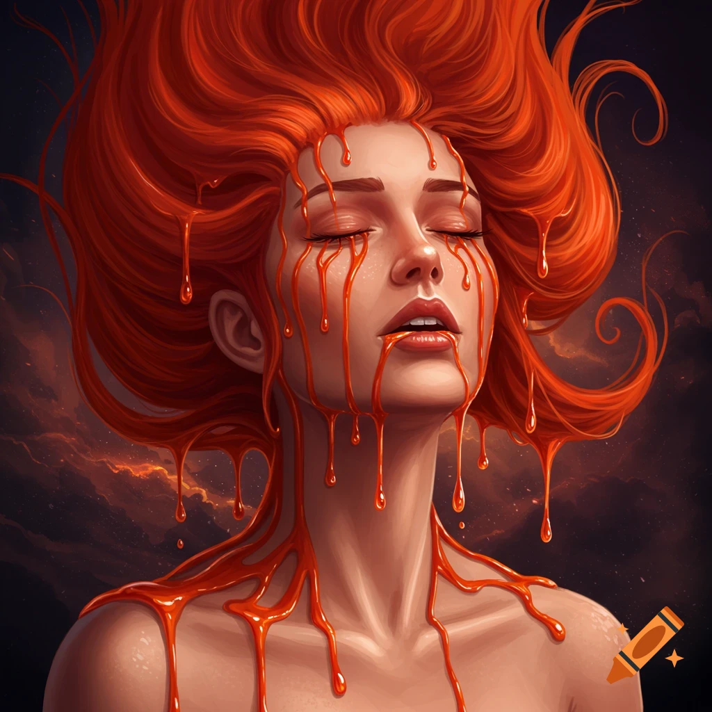 A woman with red hair has a reddish substance dripping from her eyes and mouth.