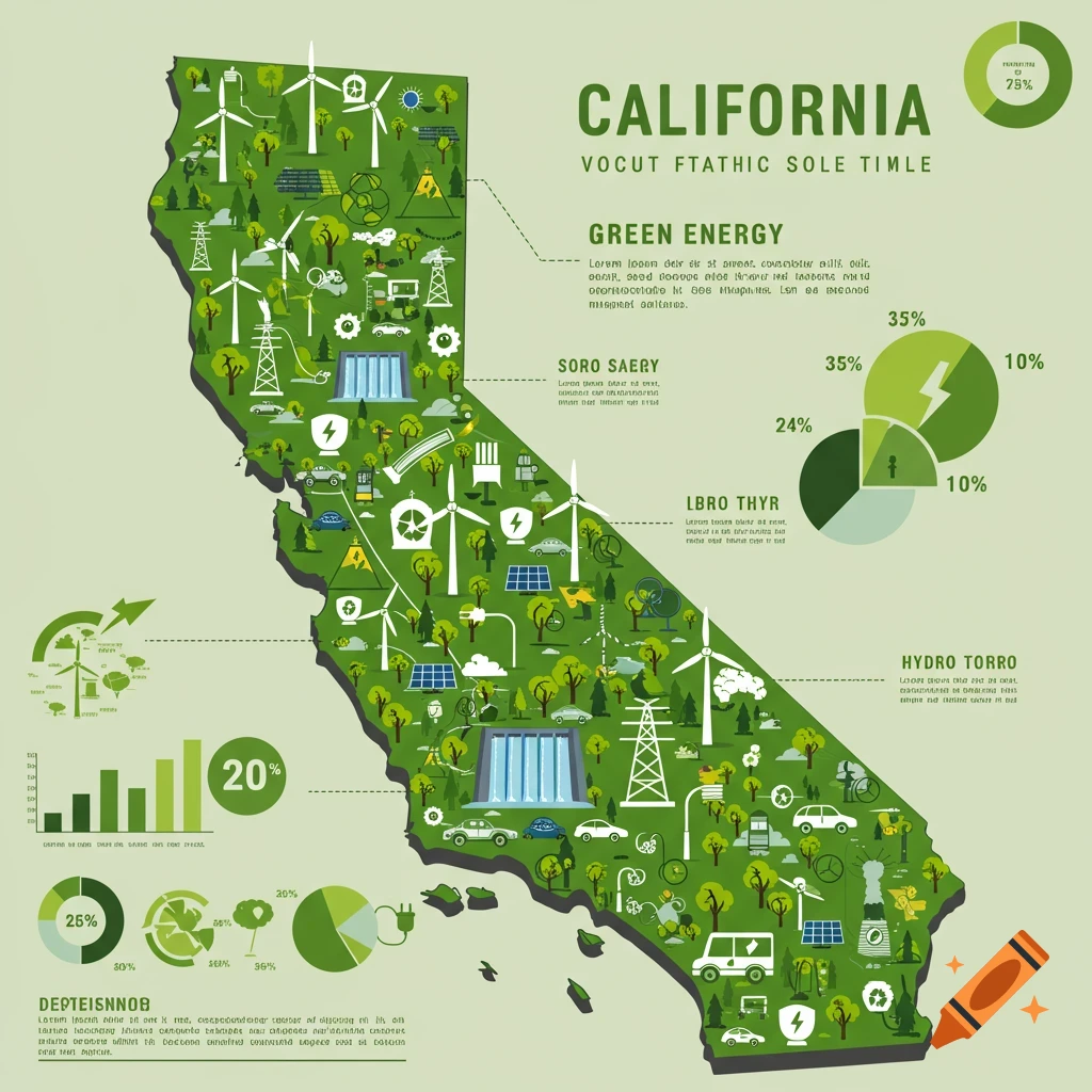 Infographic map of California with green energy icons, charts, and text
