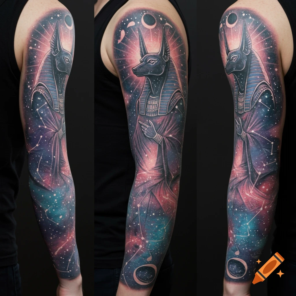 A full arm sleeve tattoo of Anubis against a colorful space background.