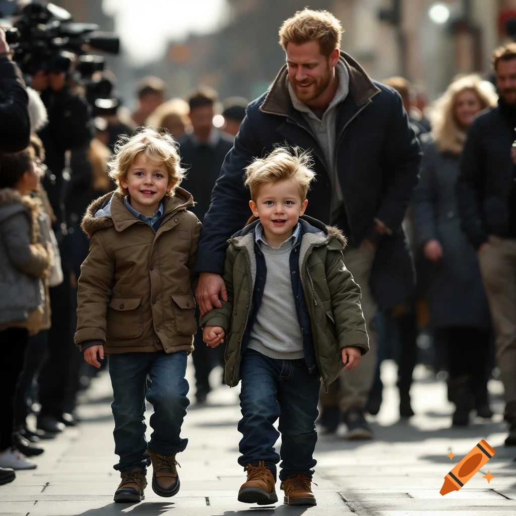 A man walks down a street holding hands with two young boys, with blurred people and cameras in the background.