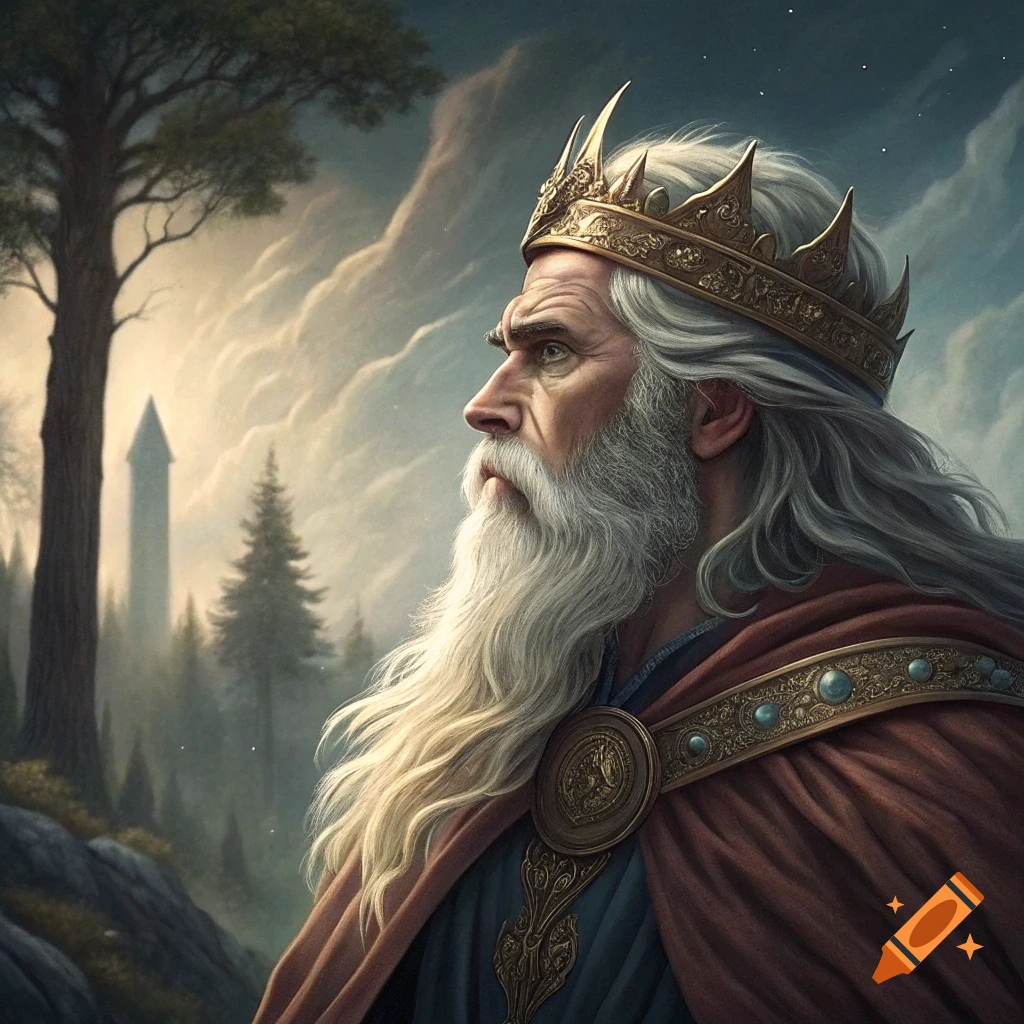 Portrait of an old king with a long white beard and gold crown in a fantasy landscape