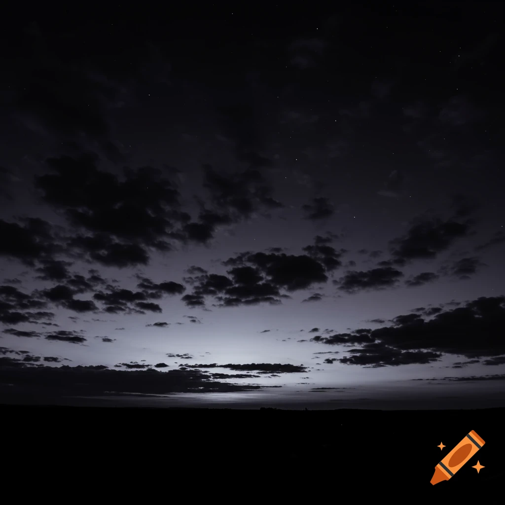 A dark night sky filled with clouds and faint stars above a dark landscape.