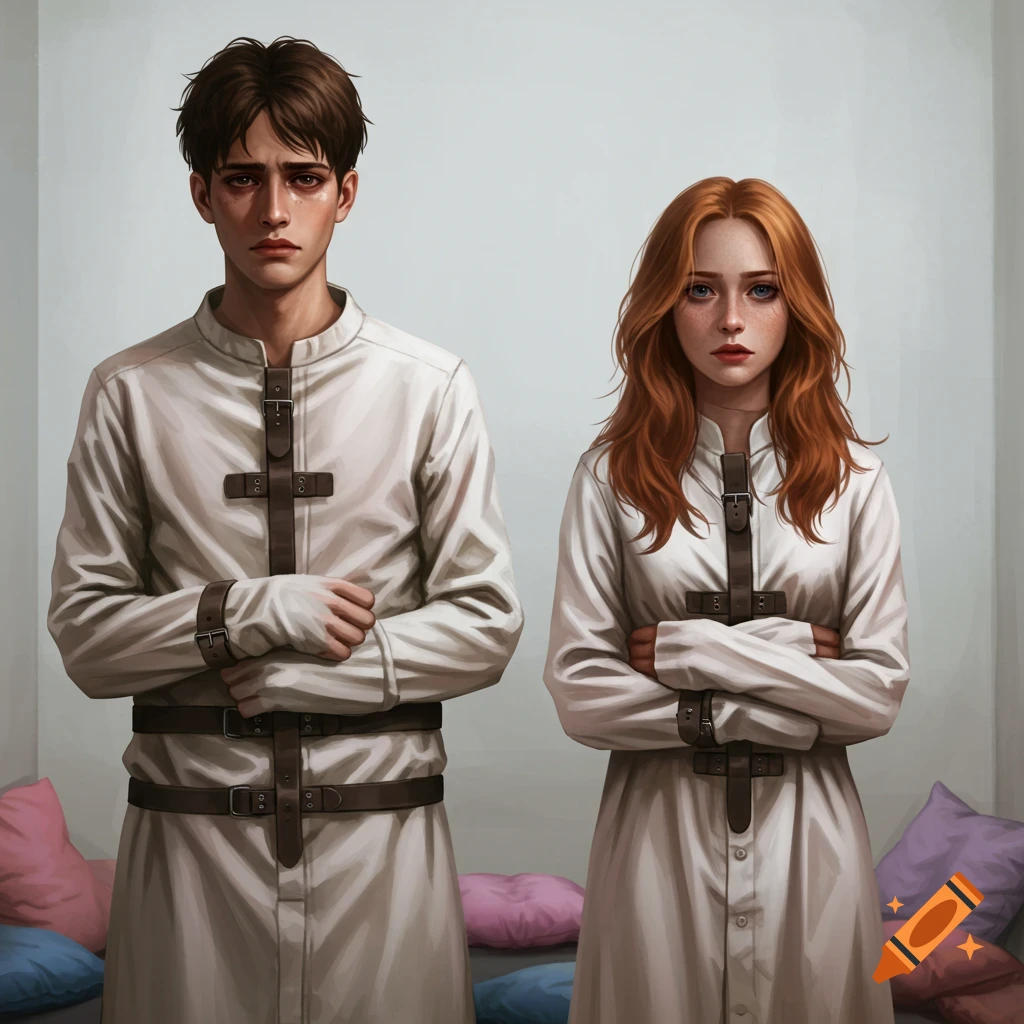 A man and woman in straight jackets standing in a white room.