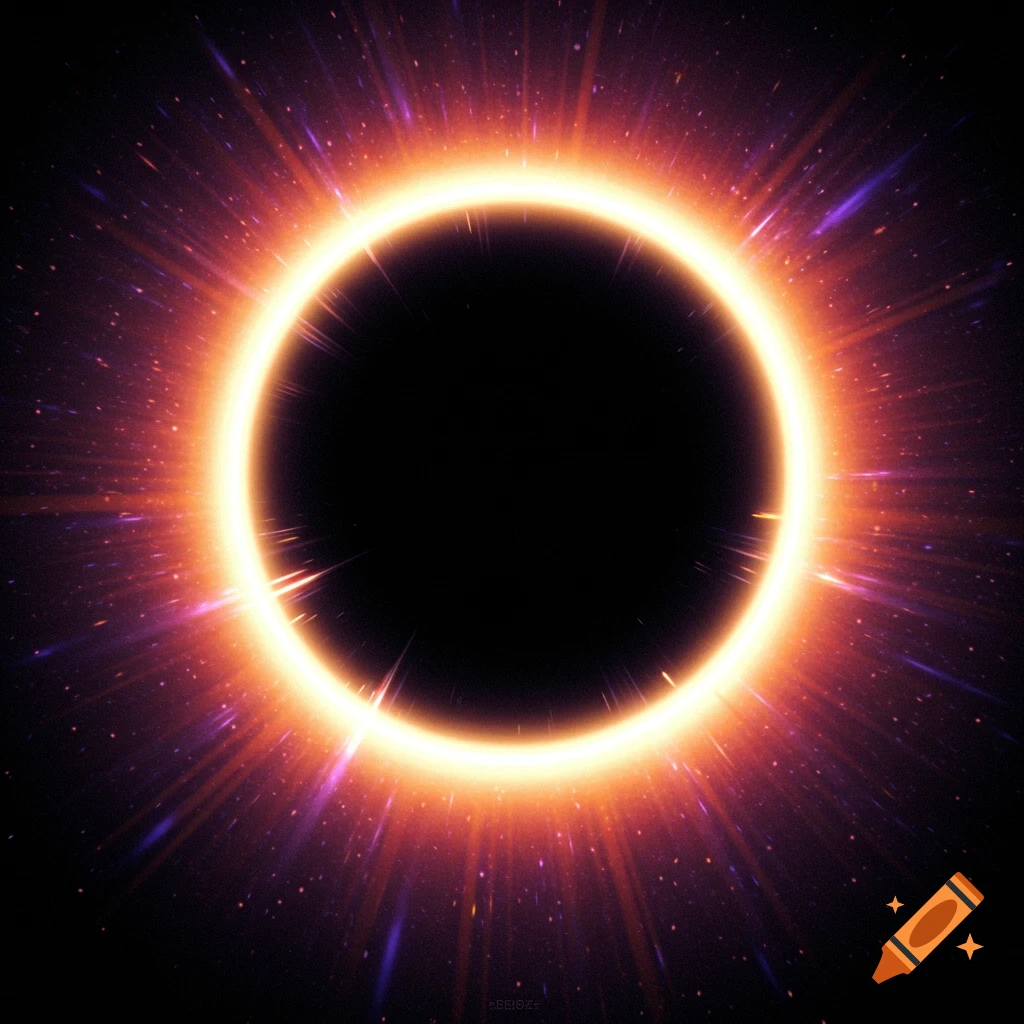 A bright, fiery orange and purple halo or ring of light surrounds a dark circle, with rays and sparks emanating outwards on a black background.