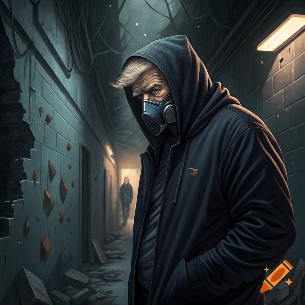 A man in a black hoodie and gas mask stands in a dark, broken hallway, with another figure in the distance.