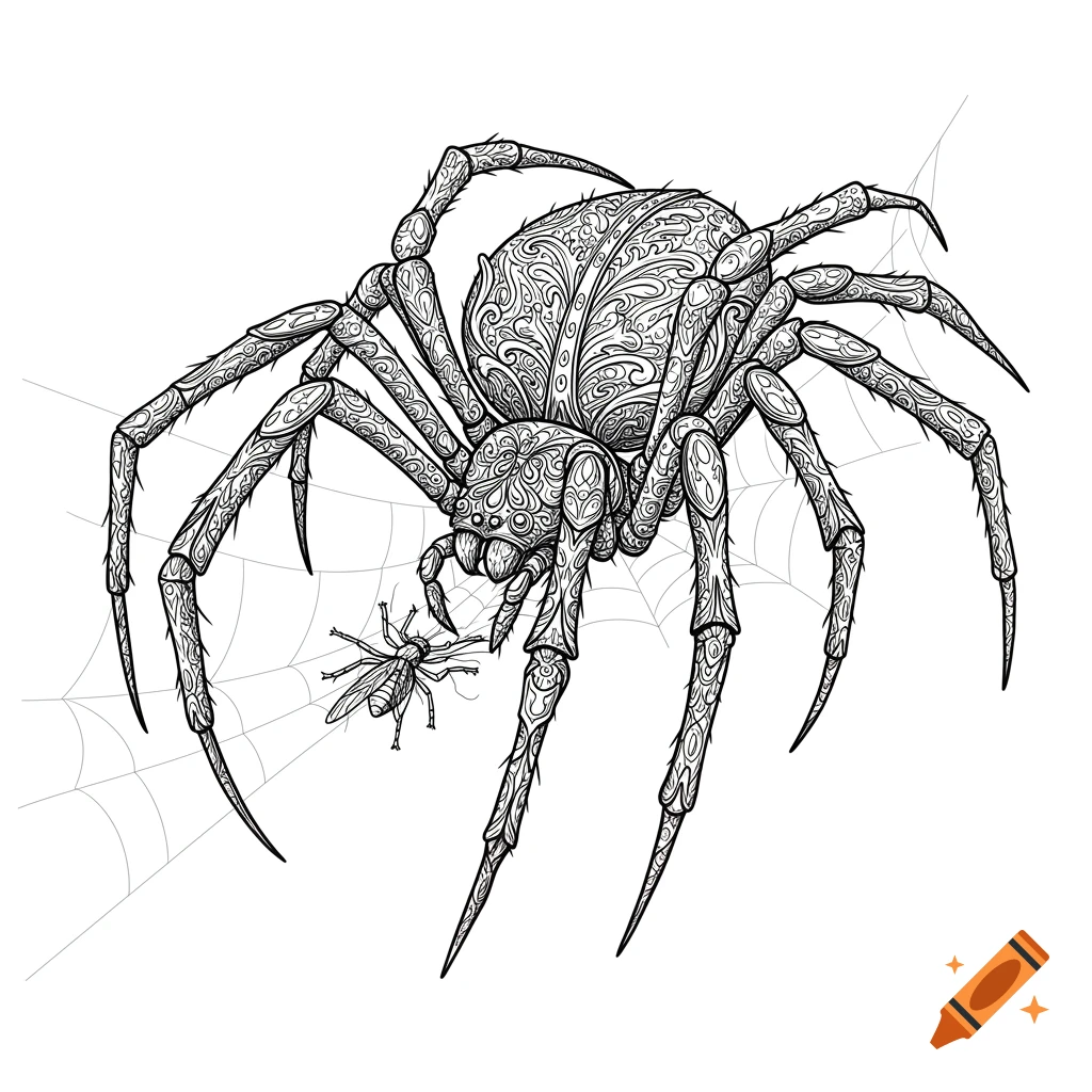An intricate black and white line drawing of a large spider on a web with a fly caught nearby. Detailed patterns cover the spider's body and legs.