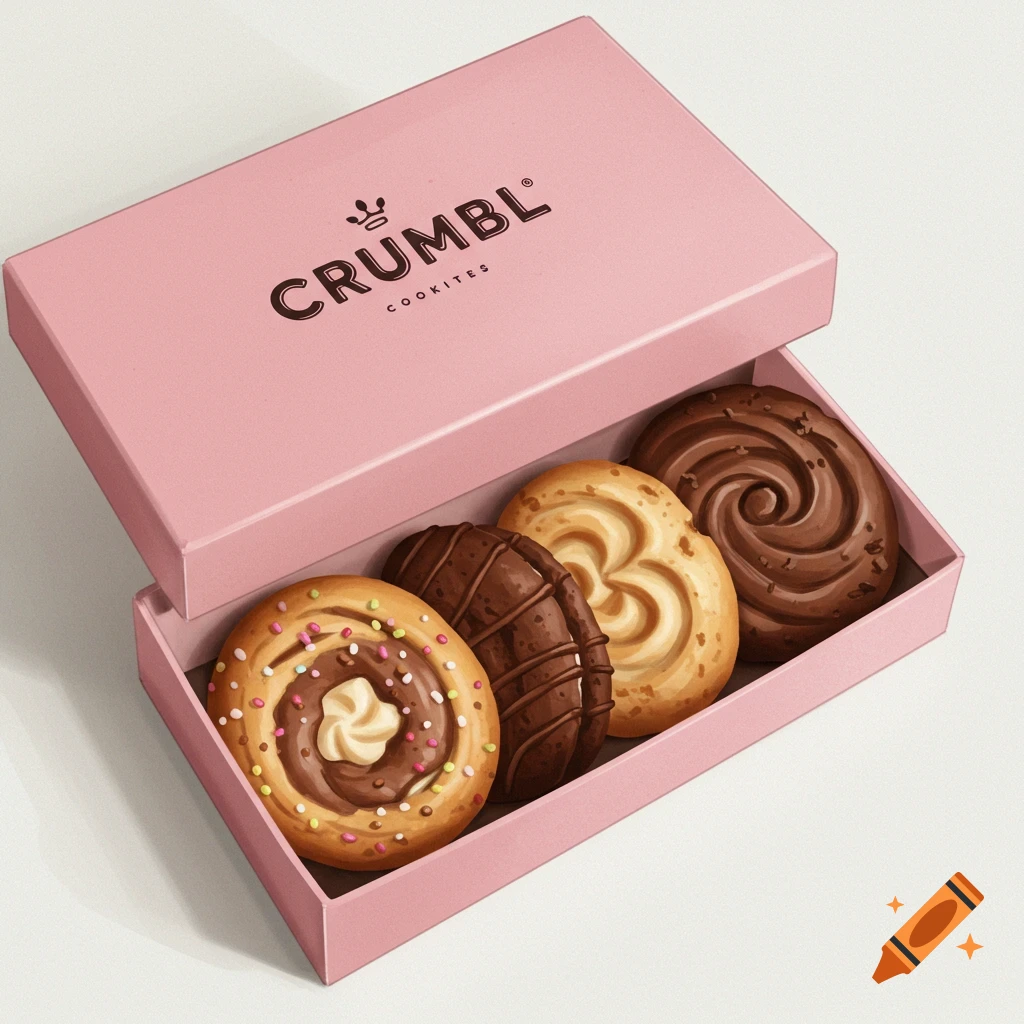 A pink box with a CRUMBL logo contains four assorted cookies.