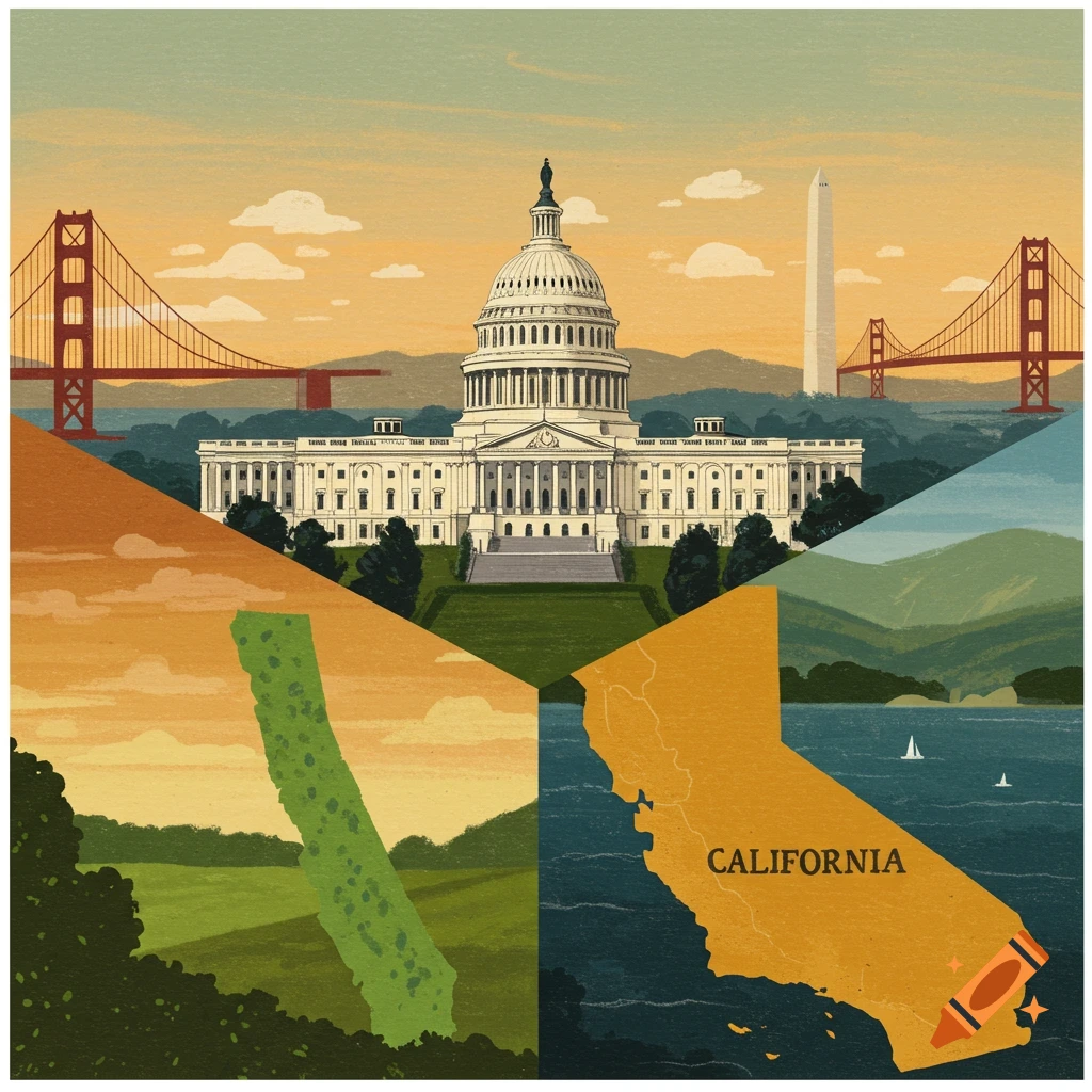 Stylized illustration showing the US Capitol, Washington Monument, and Golden Gate Bridge alongside segmented landscapes and a map of California.