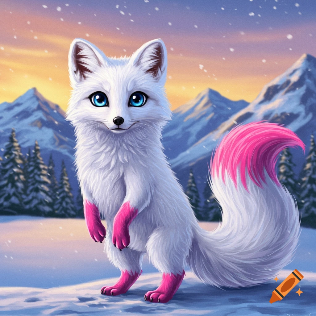 A bipedal white fox with pink paws and tail in a snowy mountain sunset