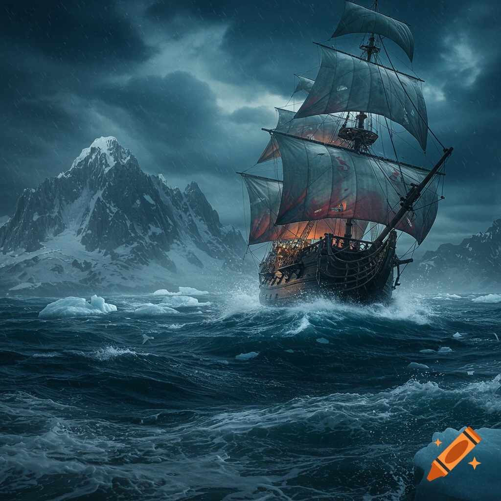 Photorealistic galleon in a stormy sea with mountains and icebergs