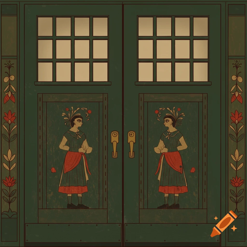 Dark green Craftsman door with windows and folk art paintings of figures and flowers.