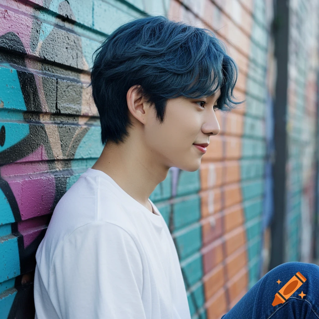 A young man with blue hair sits against a graffiti wall.
