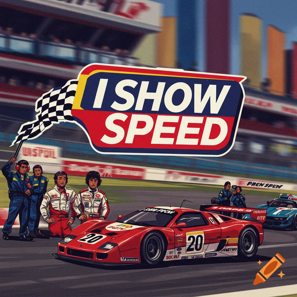 Illustration of a red race car speeding past figures on a track, with a checkered flag and a large graphic that says "I SHOW SPEED".