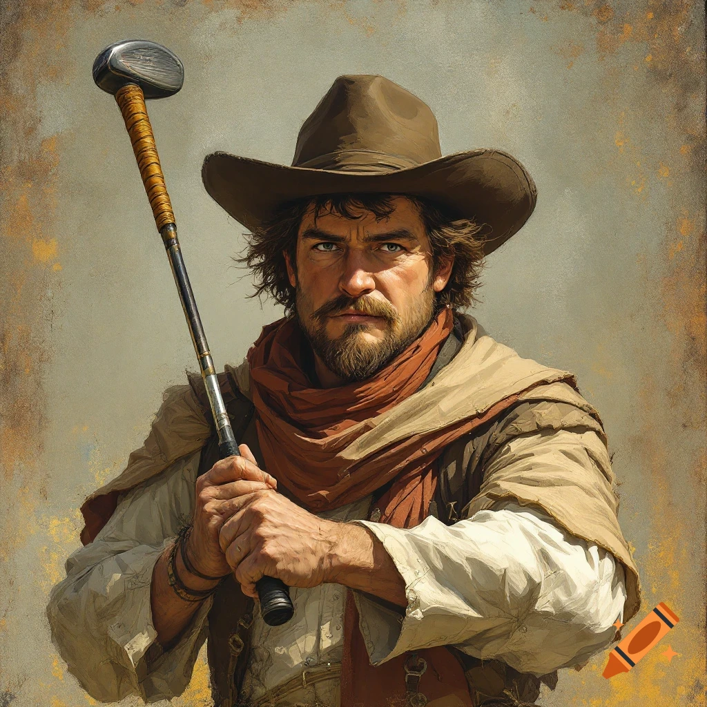 A man in a cowboy hat holding a golf club.