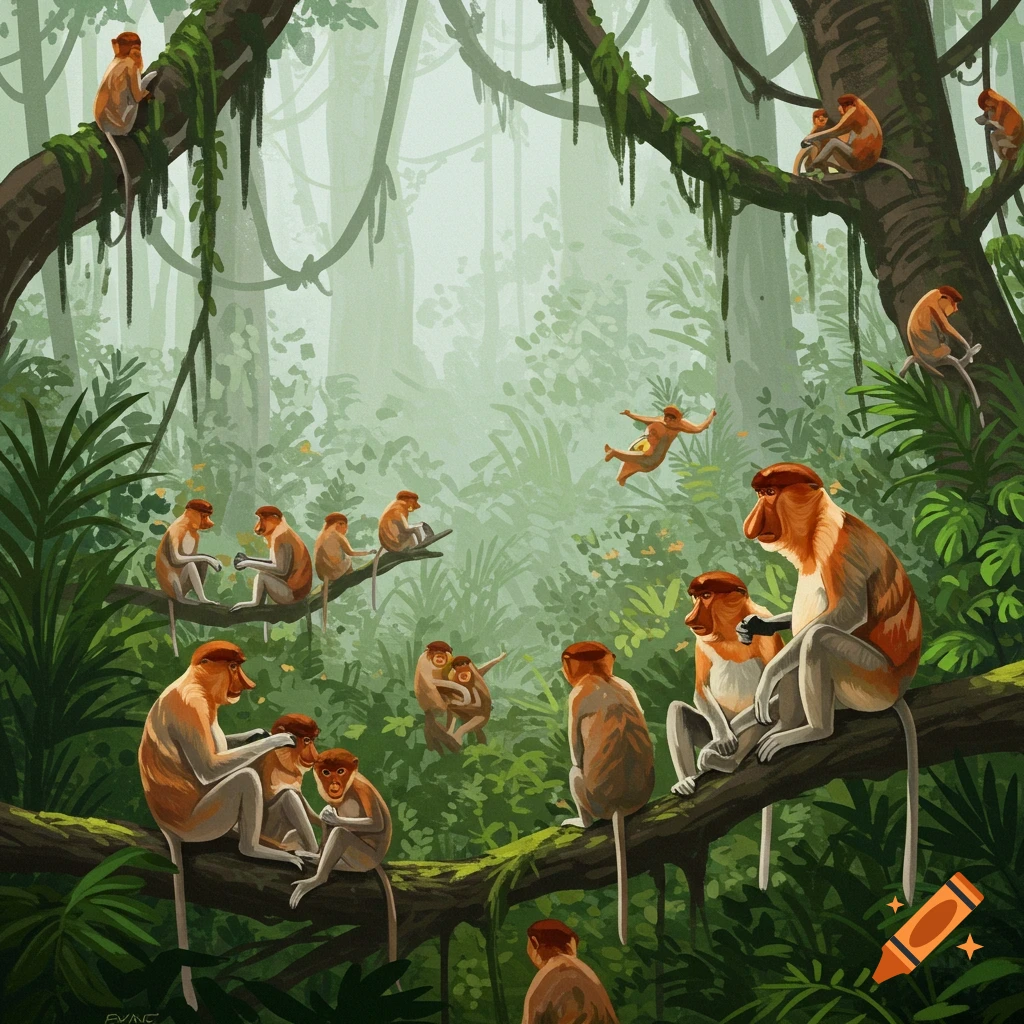 Proboscis monkeys are seen in a jungle setting.