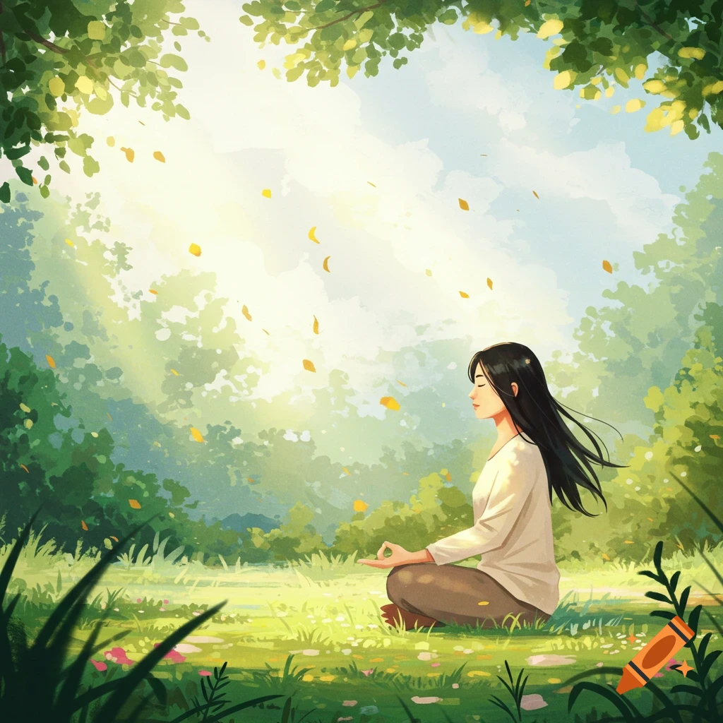 A woman meditates in a peaceful, sunny outdoor setting among trees and falling leaves.