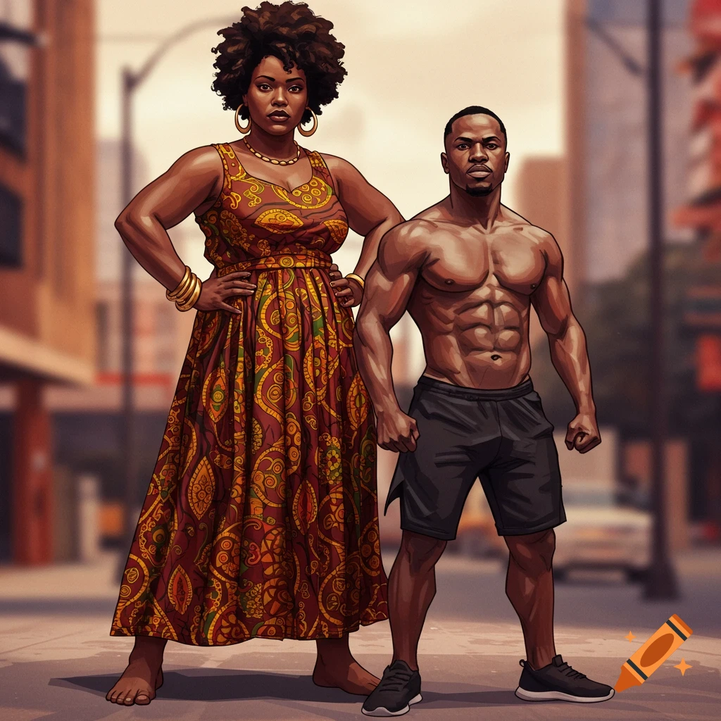 A Black woman in a patterned dress stands next to a muscular Black man in shorts in a city.