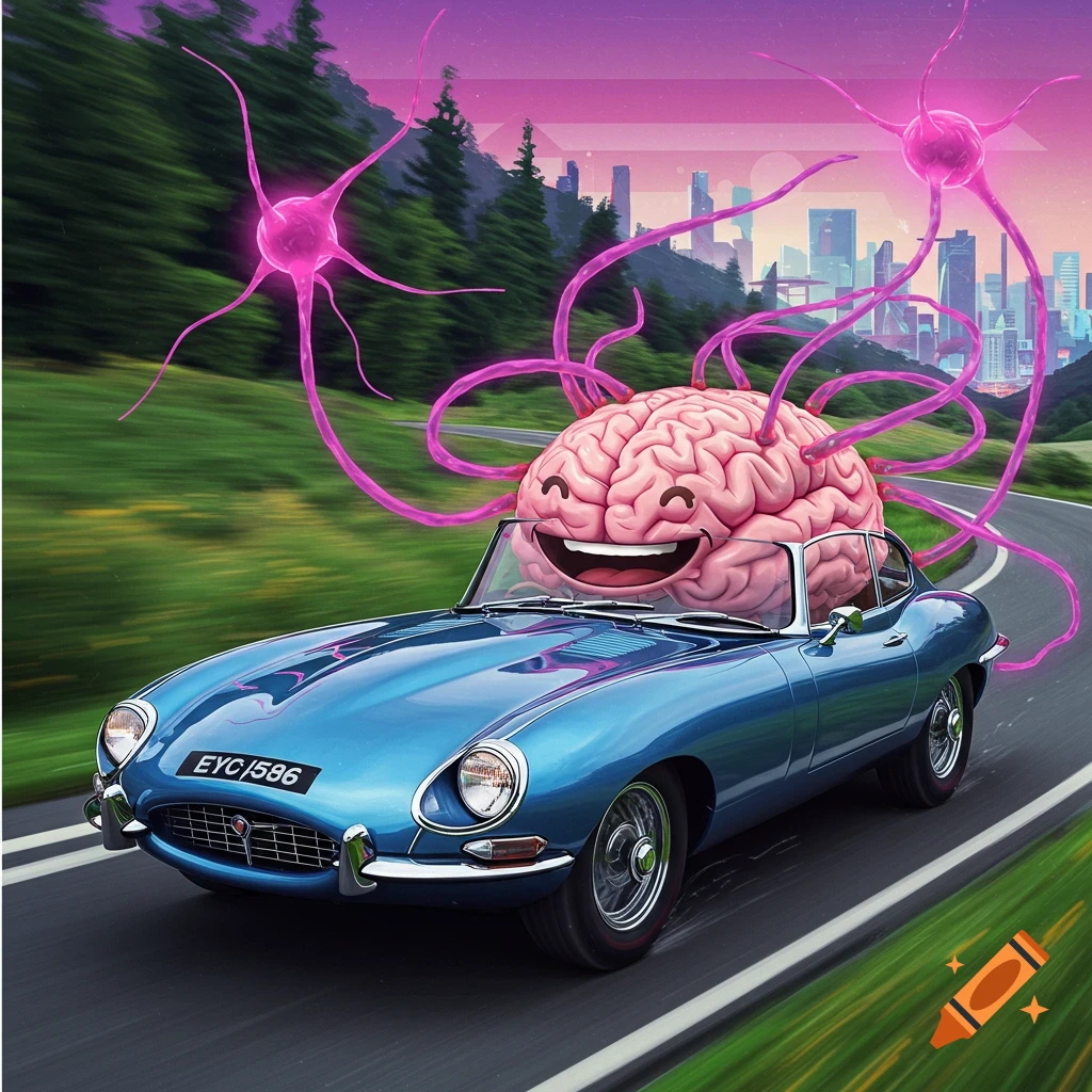a smiling brain driving a blue Jaguar E-Type on a road, with pink neuron shapes in the sky and city skyline.