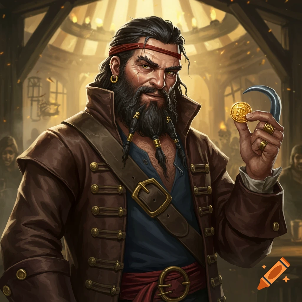 A scruffy pirate with a hook hand and beard braids, holding a gold coin in a tavern.