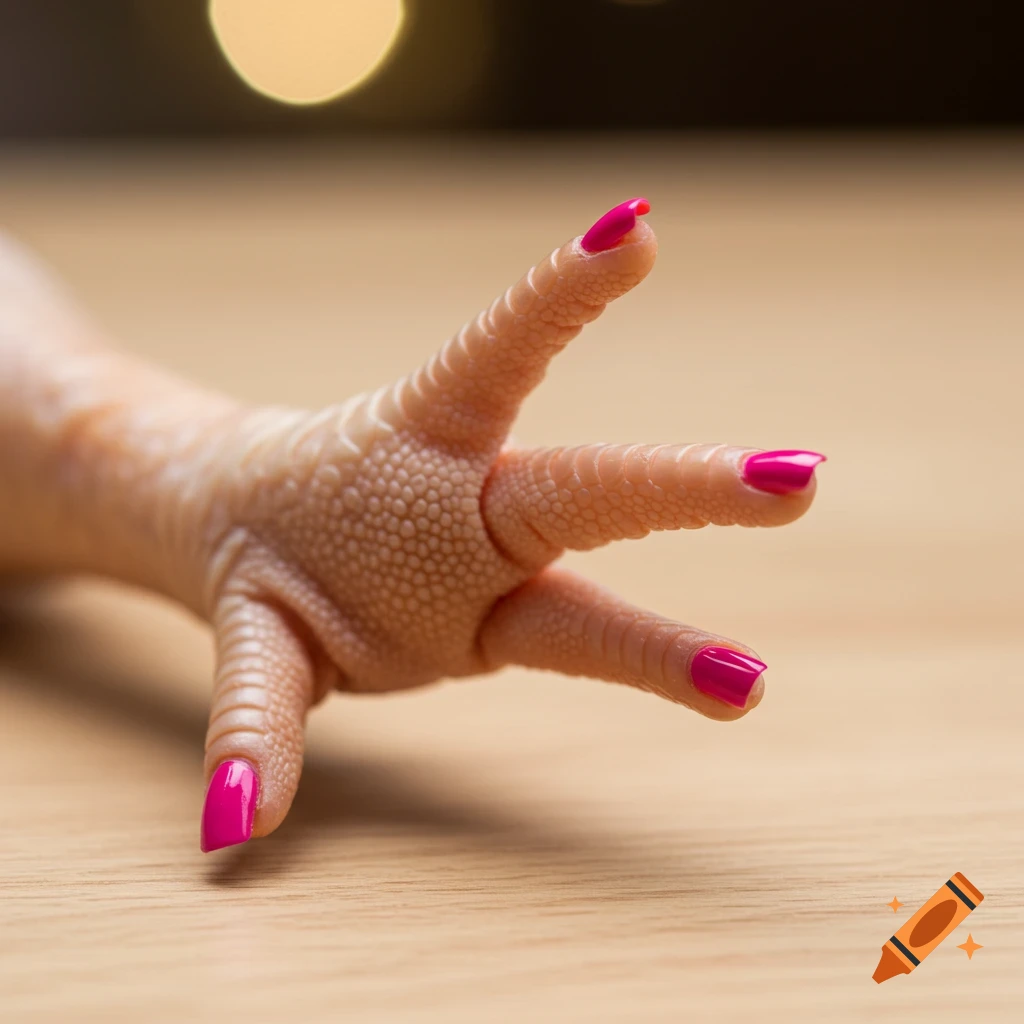 Close-up photo of a chicken foot with hot pink painted nails, pointing one finger on a wooden surface.