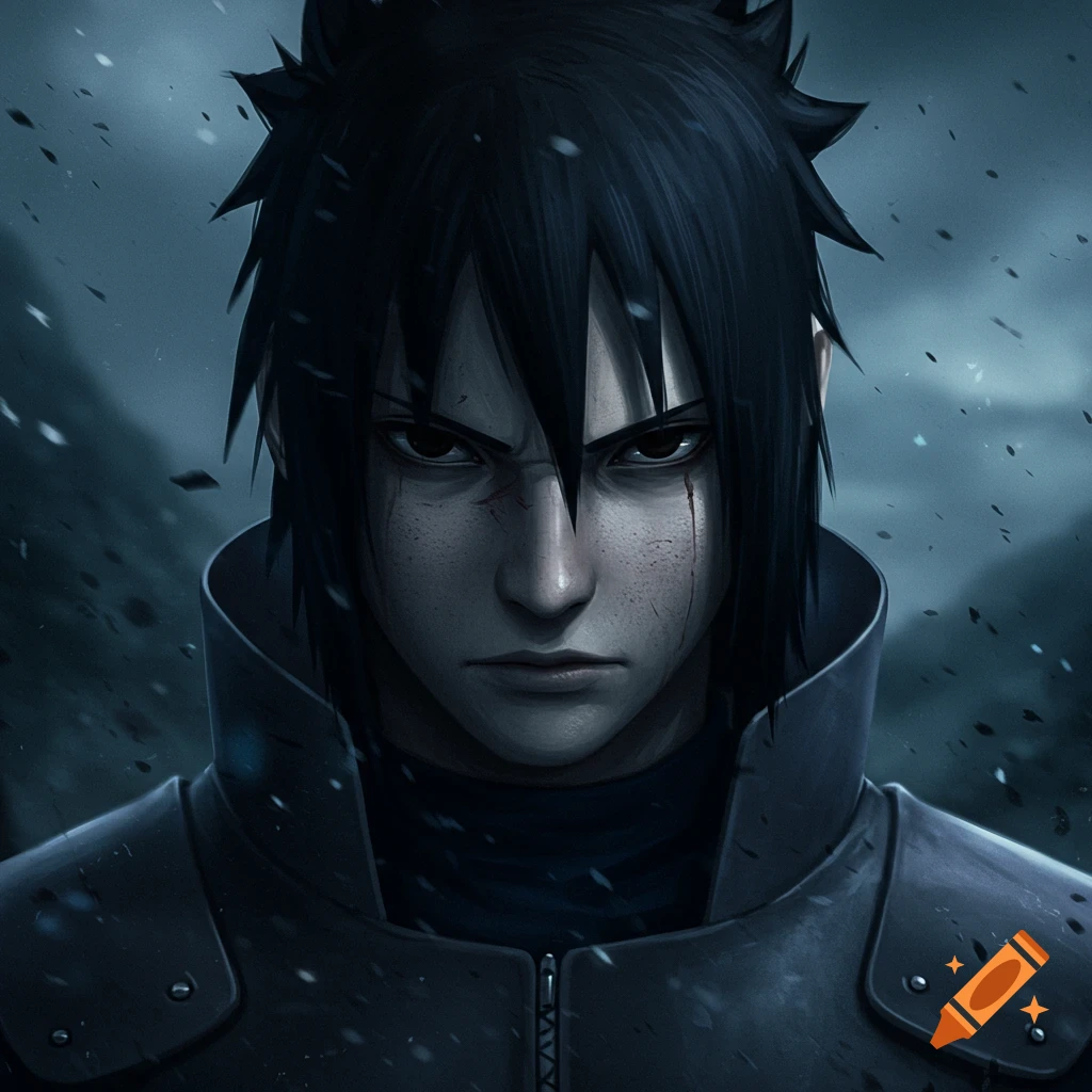 Detailed image of a dark-haired character with scarred face, wearing dark armor in a snowy, atmospheric setting.