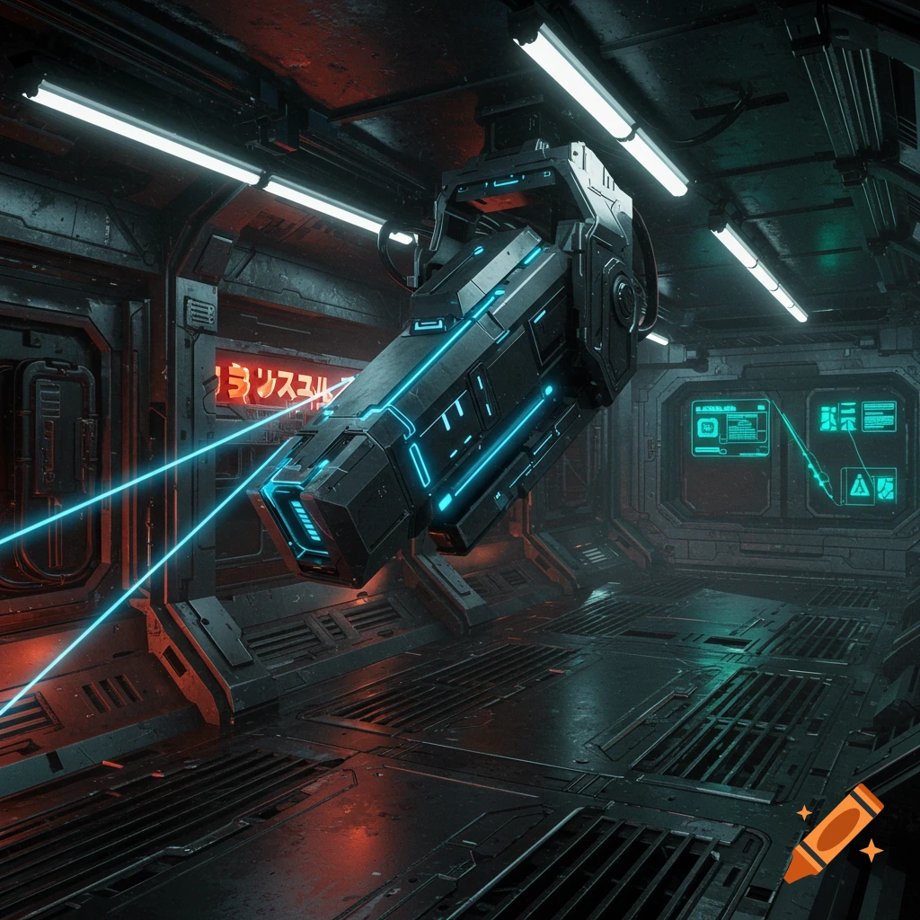 A futuristic laser turret hangs from the ceiling in a dark, metallic corridor with glowing blue lights.