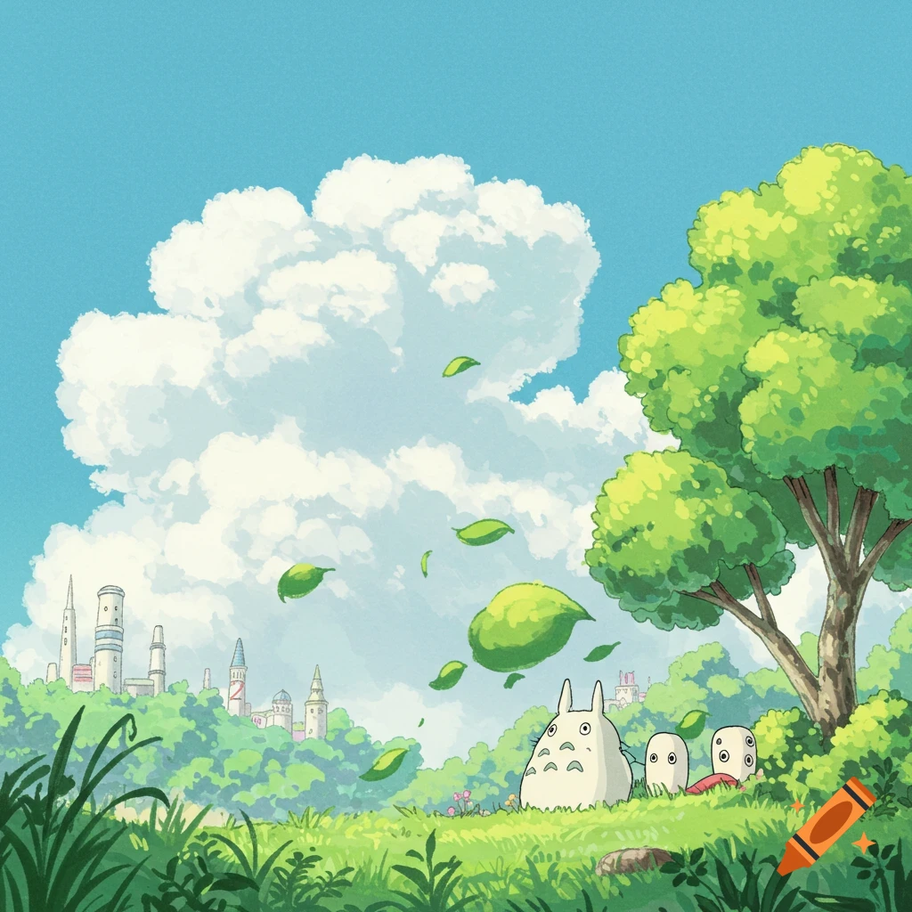 Ghibli-style image of three creatures like Totoro sitting in a grassy field with falling leaves and distant buildings.