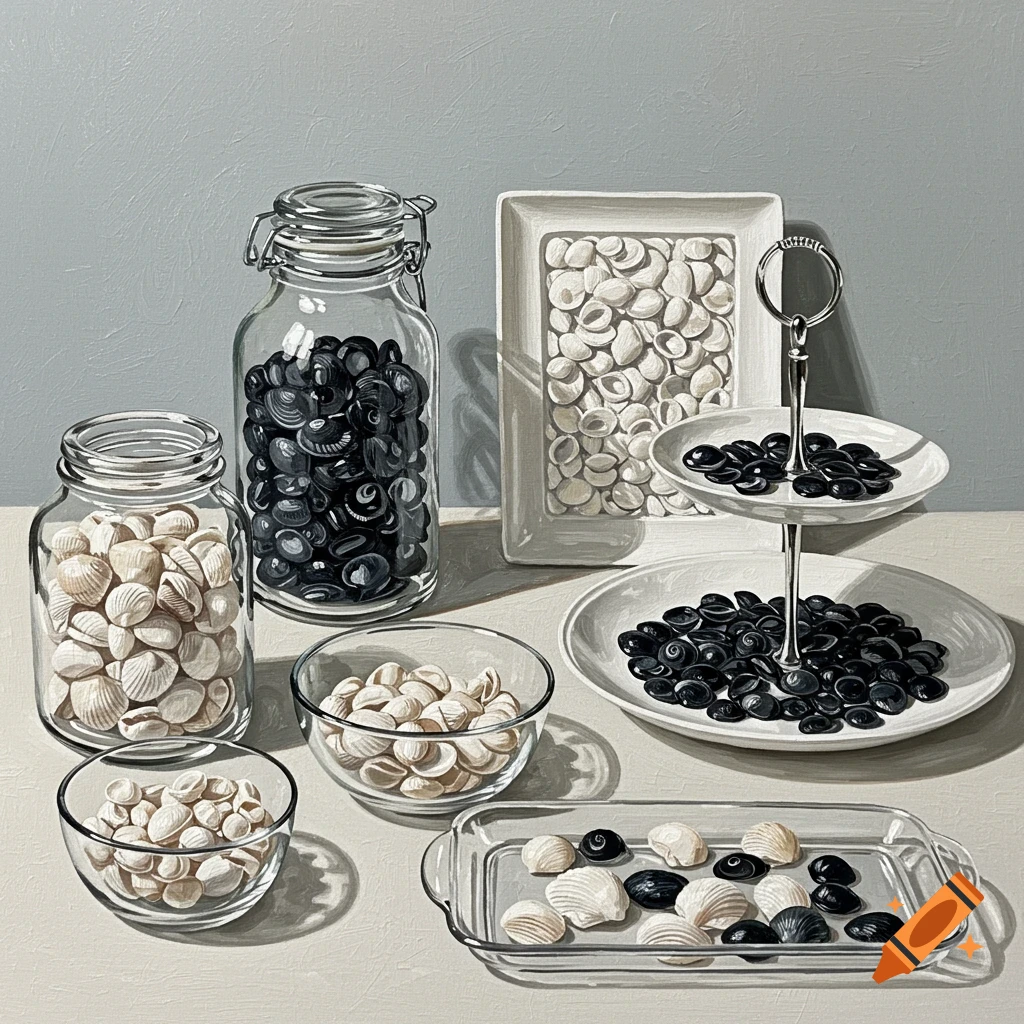 White and black shells are displayed in various glass containers, including jars, bowls, and a tiered stand.