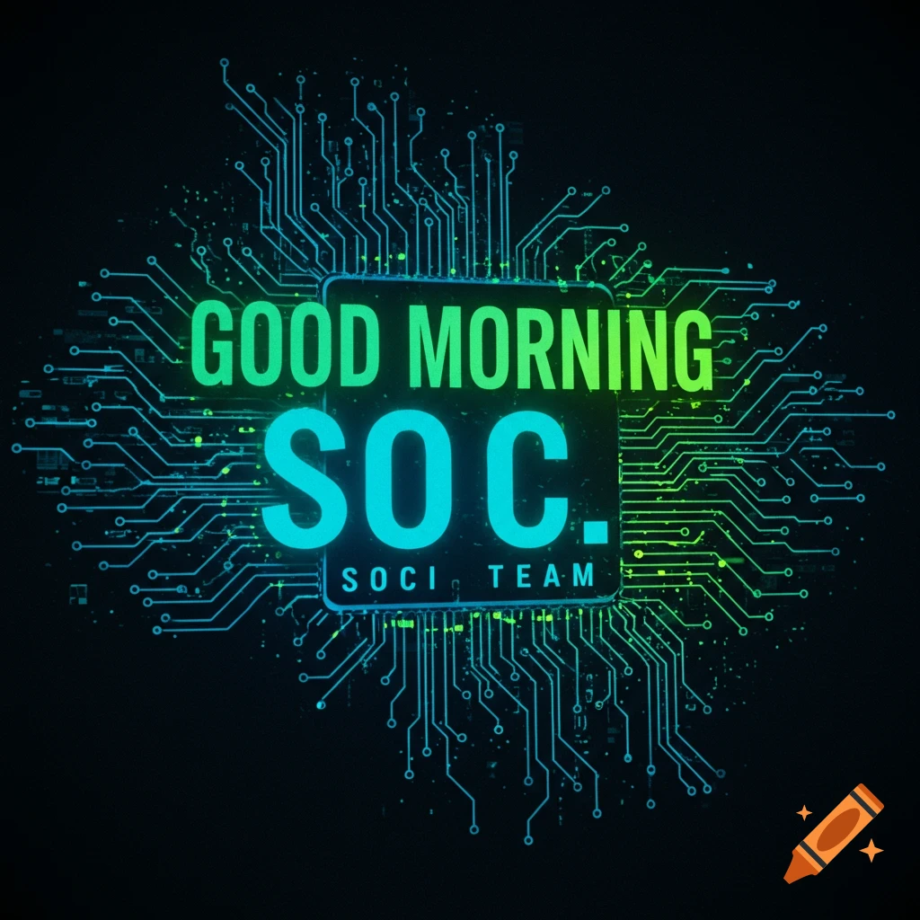 Circuit board background with text 'GOOD MORNING SOC. SOCI TEAM'