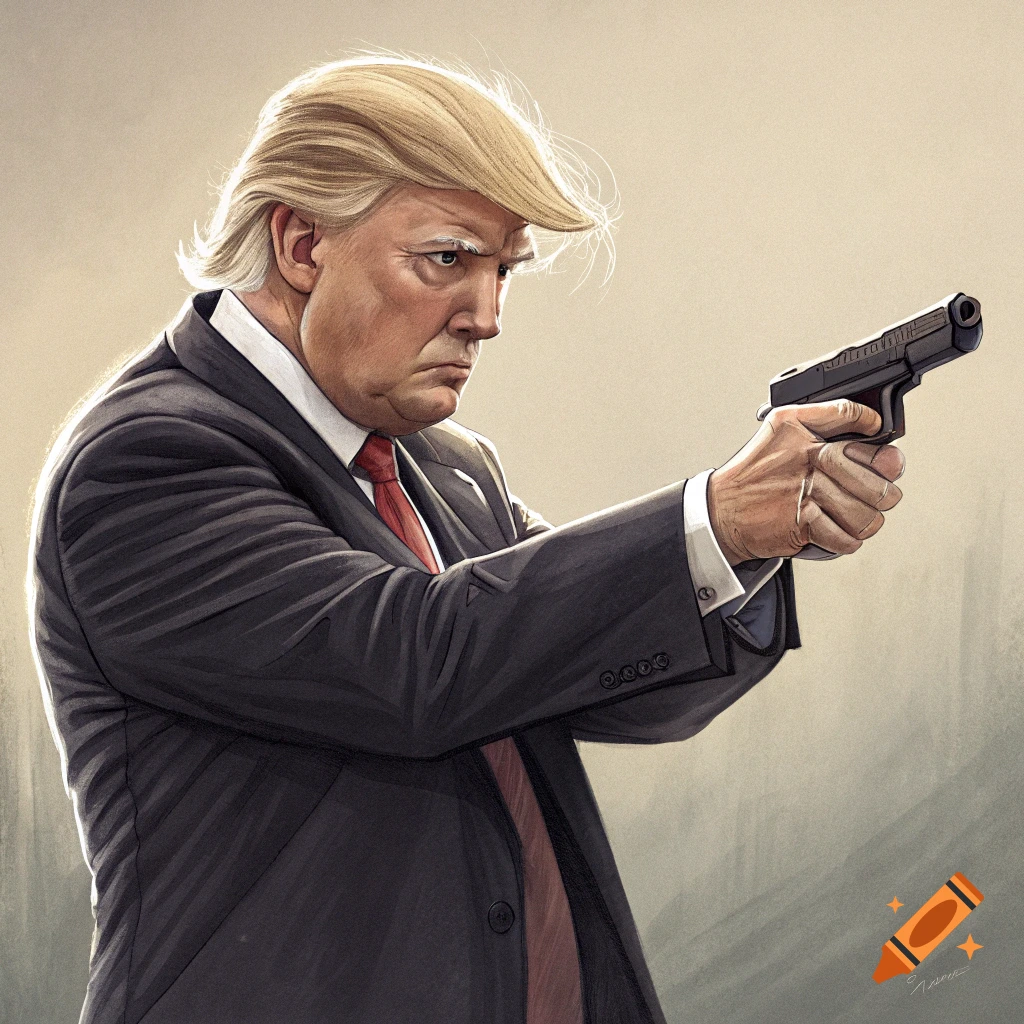 Illustration of Donald Trump holding a handgun