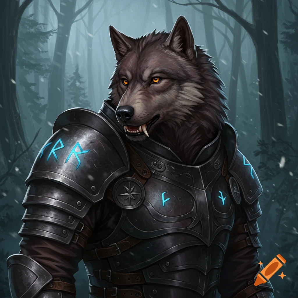 A dire wolf in dark fantasy armor with glowing blue runes stands in a snowy forest.