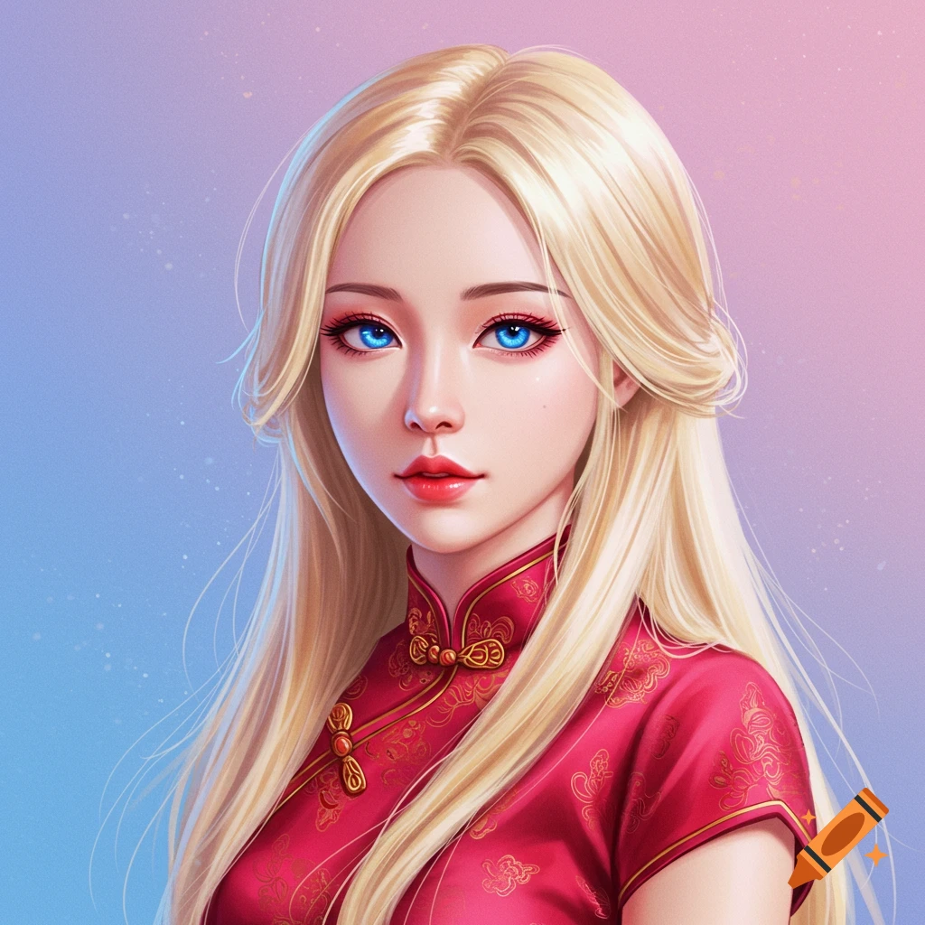 A woman with blonde hair and blue eyes is wearing a red dress.
