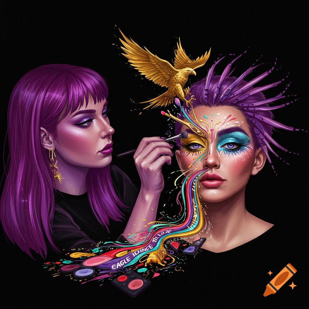 Stylized digital art of a makeup artist applying vibrant makeup to a woman's face, with colorful streams and an eagle.