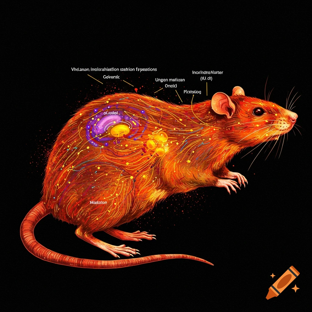 A stylized image of a rat with internal structures highlighted and labeled.