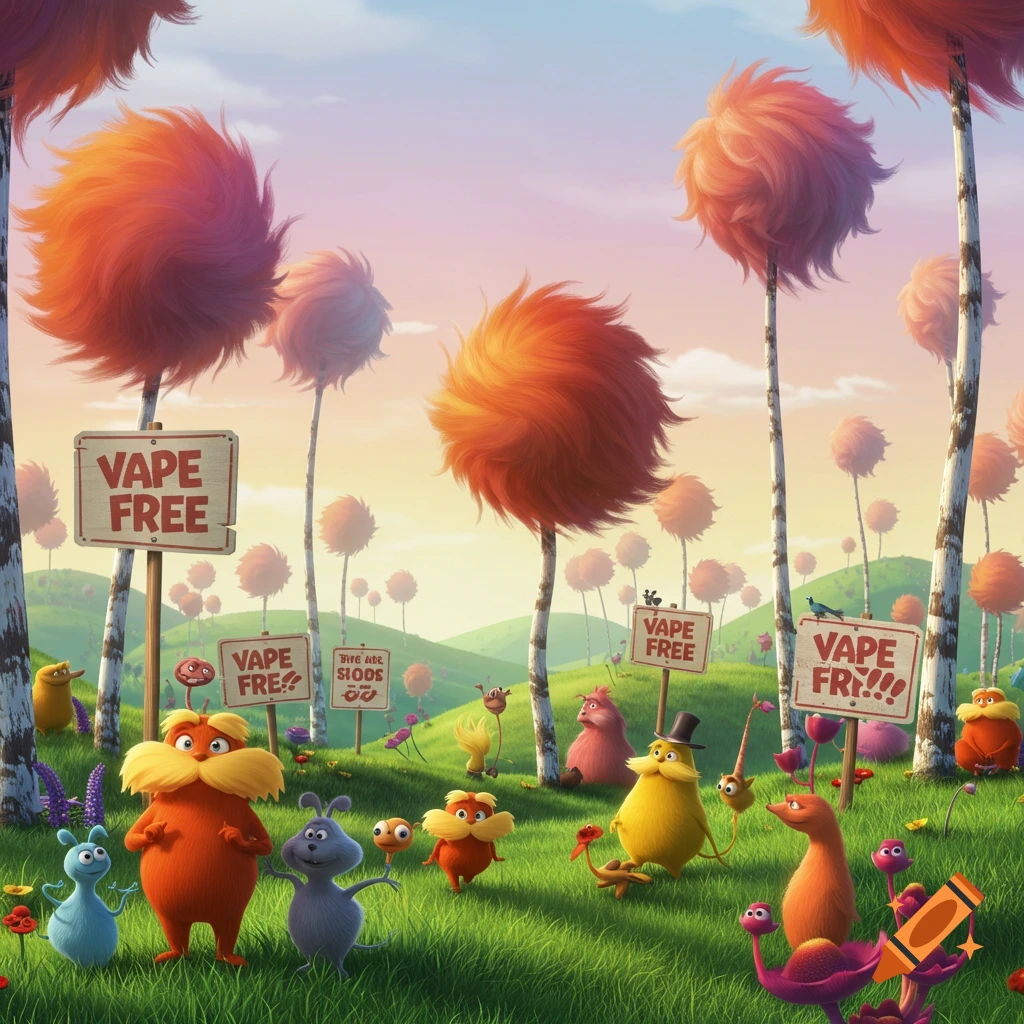 Cartoon landscape with Lorax characters and vape free signs