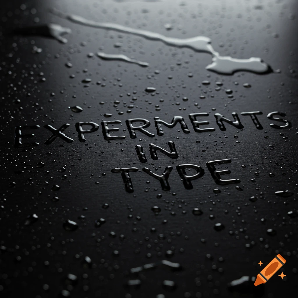The phrase 'EXPERIMENTS IN TYPE' spelled out with water droplets on a dark, reflective surface.