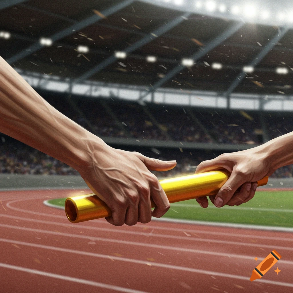 Hands passing a gold relay baton during a track and field race in a stadium.