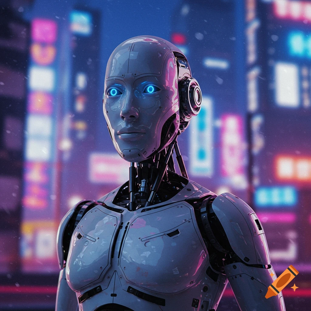 a robot in a futuristic city at night