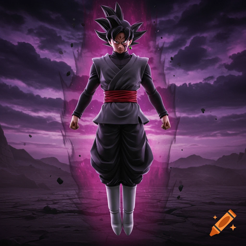 Anime character floating with purple energy in a desolate landscape, 3D render.