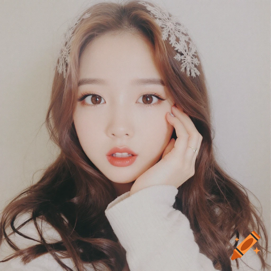 Close-up portrait of a young woman with long brown hair, wearing a white sweater and snowflake accessories in her hair.
