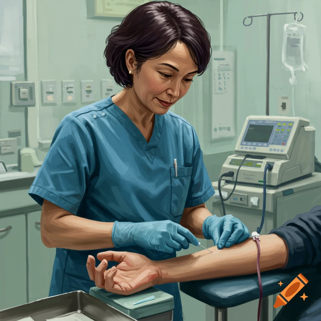 A nurse performs phlebotomy on a patient's arm in a medical setting.